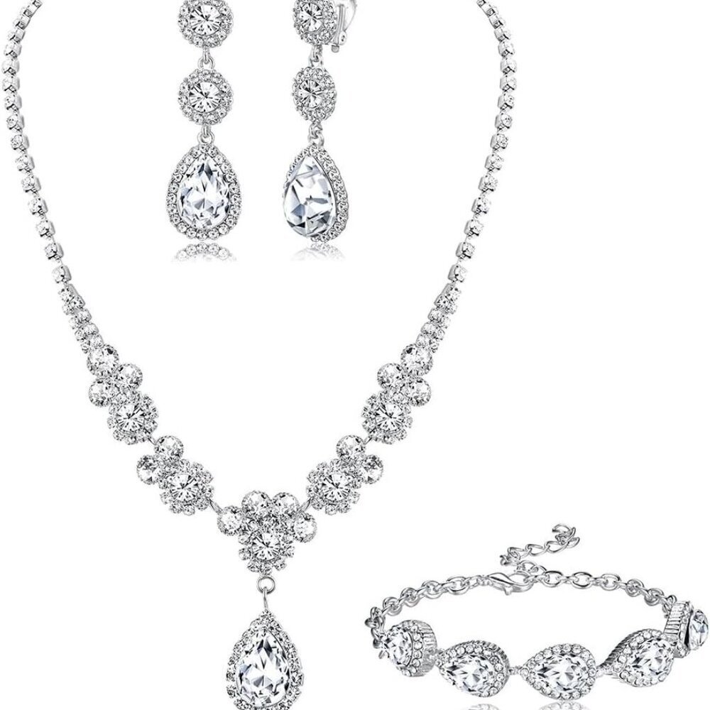 Bridal Jewelry Set Rhinestone Necklace Bracelet Earrings Wedding Prom